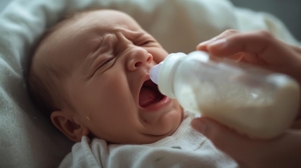 A baby crying while feeding