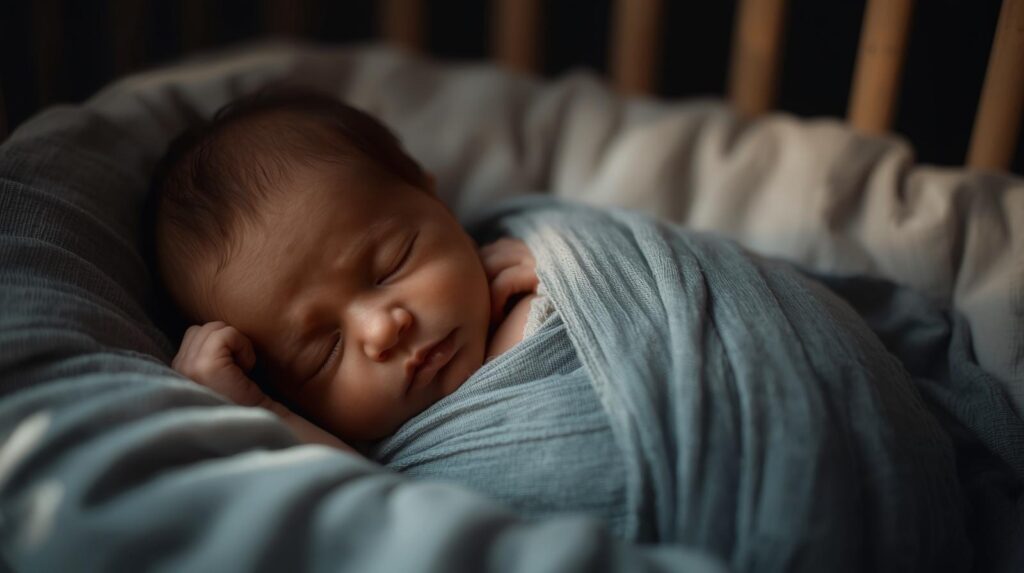 alt="Baby is sleeping wearing a blue swaddle"
