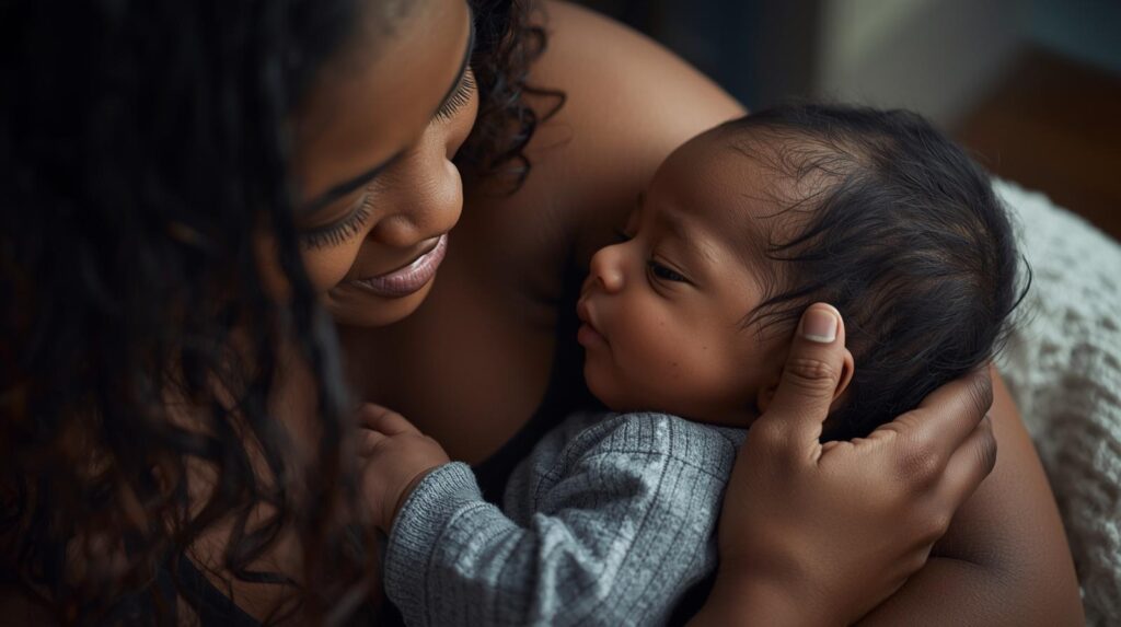 alt="A mother hugging her baby to sleep"
