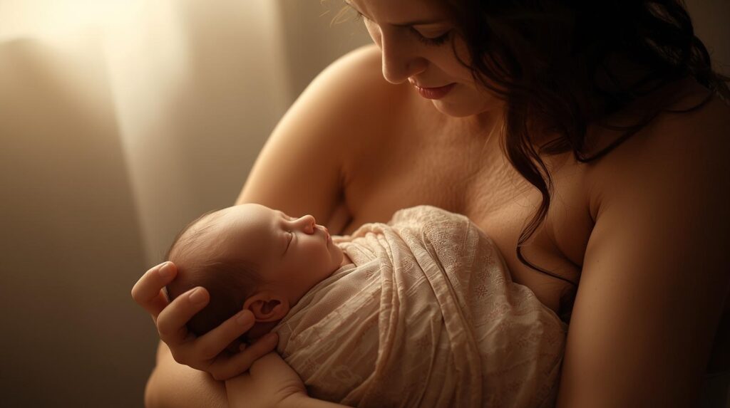 Mother and baby following the newborn sleep routine