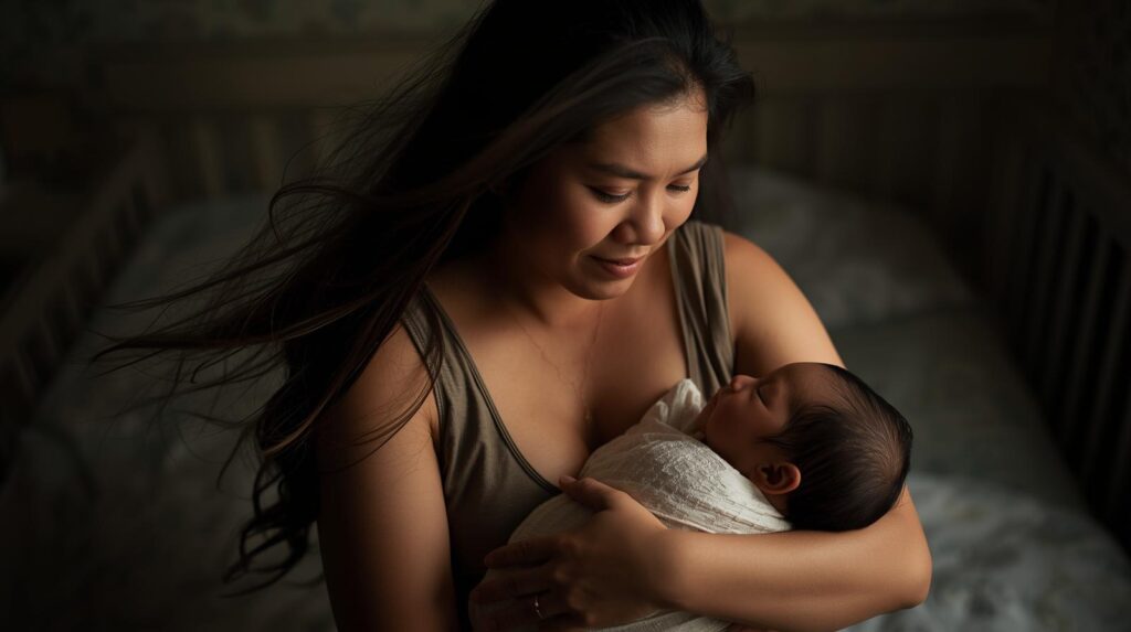 A mother trying on how to get a newborn to sleep