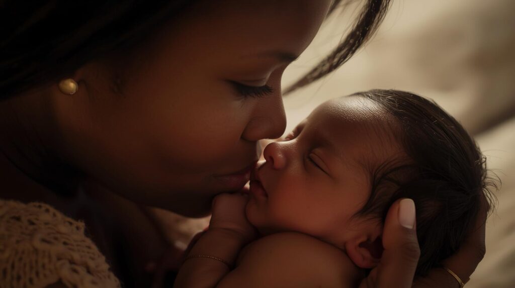 A mother kissing her sleeping newborn child