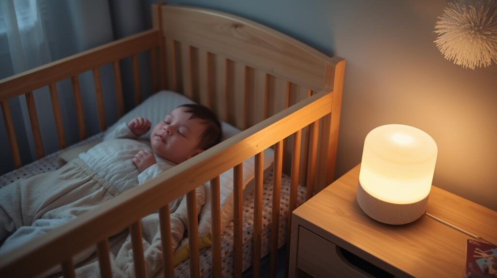 A baby sleeping inside the crib with a night lamp beside it