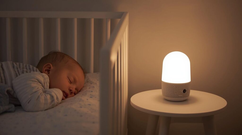 Baby sleeping inside the crib with a white noise machine and lamp on the bed side table