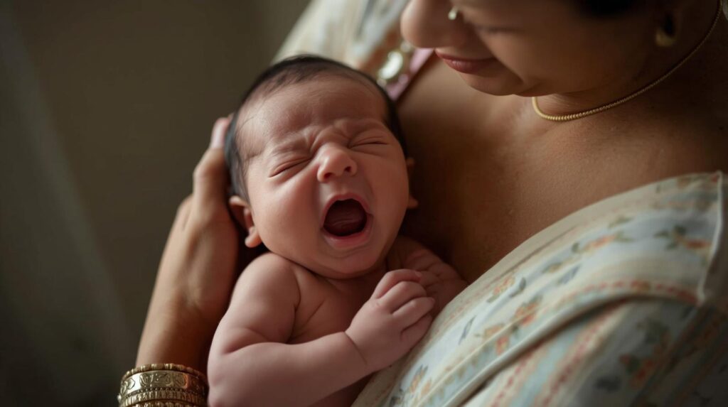 Baby crying while mother rocks him to sleep