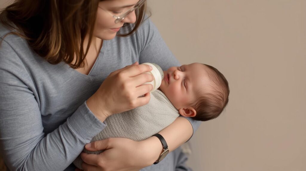 A parent feeding her newborn to sleep