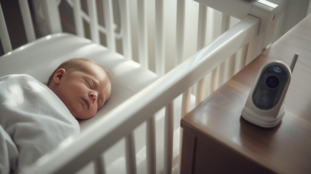 A newborn sleeping inside a crib with the best baby monitor beside it