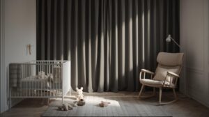 Blackout curtains for baby sleep installed in a cozy nursery with a crib and soft lighting